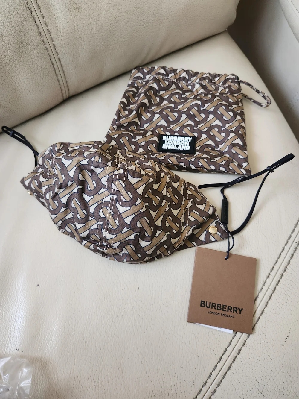 Burberry Brown Monogram Face Mask with Drawstring Pouch